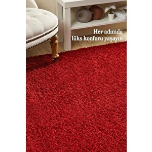 Yüksek Tüylü 30 Mm Hav Yüksekliğinde Düz Kırmızı Renkli Shaggy Halı 100x200 cm