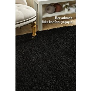 Yuvarlak Halı Yumuşak Yüksek Havlı 30 Mm Shaggy Salon Halısı Düz Siyah Renkli 120 cm