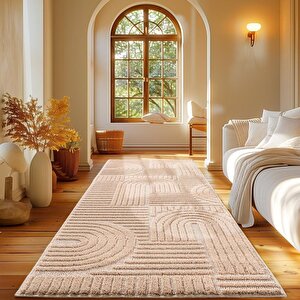 Yumuşak Peluş Tüylü Bohem İskandinav Desenli Kabarık Bukleli  Gül Kurusu Tonlarında Halı 280x370 cm