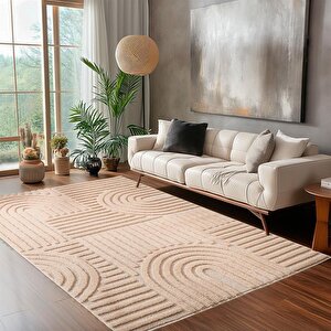 Yumuşak Peluş Tüylü Bohem İskandinav Desenli Kabarık Bukleli  Gül Kurusu Tonlarında Halı 60x110 cm