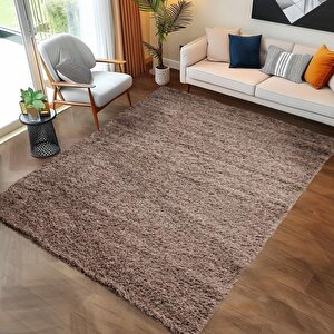 Yüksek Tüylü 30 Mm Hav Yüksekliğinde Düz Kahverengi Toprak Renkli Shaggy Halı 120x170 cm