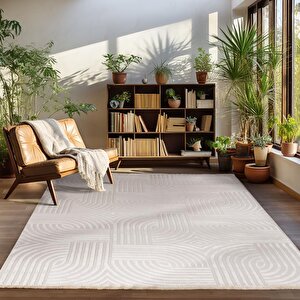 Kabartmalı Yumuşak Karo Desenli İskandinav Bohem Tarzı Halı Bej Tonlarında 200x290 cm