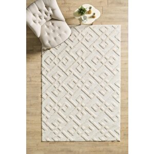 Yumuşak Bukle Tabanlı Modern Kabartmalı 3d Labirent Kare Desenli Gri Renkli Halı 80x150 cm