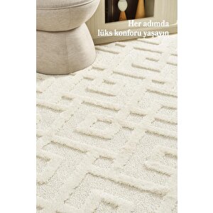 Yumuşak Bukle Tabanlı Modern Kabartmalı 3d Labirent Kare Desenli Gri Renkli Halı 80x150 cm