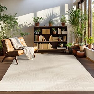 Kabartmalı Yumuşak Geometrik Desenli İskandinav Bohem Tarzı Halı Krem Tonlarında 160x230 cm