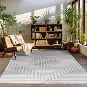 Kabartmalı Yumuşak Çizgi Desenli İskandinav Bohem Tarzı Halı Gümüş Tonlarında 80x250 cm