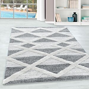 Yumuşak Bukle Tabanlı Modern Kabartmalı 3d Üçğen Desenli Krem Gri Renkli Halı 60x110 cm