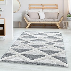 Yumuşak Bukle Tabanlı Modern Kabartmalı 3d Üçğen Desenli Krem Gri Renkli Halı 120x170 cm