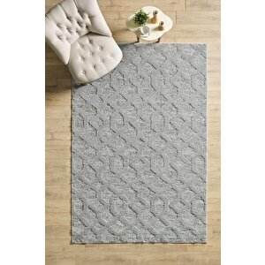 Yumuşak Bukle Tabanlı Modern Kabartmalı 3d Izgara Desenli Gri Renkli Halı 80x250 cm