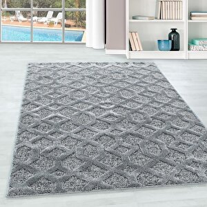 Yumuşak Bukle Tabanlı Modern Kabartmalı 3d Izgara Desenli Gri Renkli Halı 80x250 cm