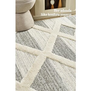 Yumuşak Bukle Tabanlı Modern Kabartmalı 3d Üçğen Desenli Krem Gri Renkli Halı