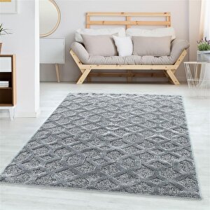 Yumuşak Bukle Tabanlı Modern Kabartmalı 3d Izgara Desenli Gri Renkli Halı 120x170 cm
