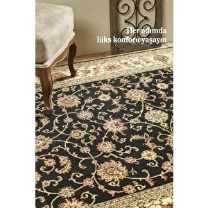 İran Tarzı Klasik Desenli Barok Süslemeli Siyah Gold Bej Renkli Halı
