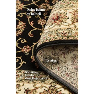 İran Tarzı Klasik Desenli Barok Süslemeli Siyah Gold Bej Renkli Halı