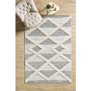 Yumuşak Bukle Tabanlı Modern Kabartmalı 3d Üçğen Desenli Krem Gri Renkli Halı 240x340 cm