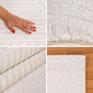 Yumuşak Kabartmalı Zigzag Desenli İskandinav Bohem Tarzı Halı Krem Tonlarında 160x230 cm