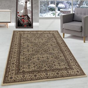 Marokan İran Tarzı Klasik Desenli Antik Süslemeli Bordürlü Salon Halısı Bej 80x150 cm