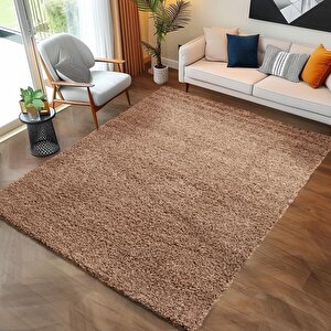 Yüksek Tüylü 30 Mm Hav Yüksekliğinde Düz Mokka Açık Kahverengi Renkli Shaggy Halı 100x200 cm