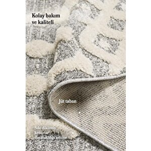 Yumuşak Bukle Tabanlı Modern Kabartmalı 3d Inka Örgü Desenli Krem Gri Renkli Halı