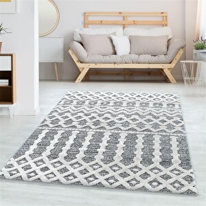 Yumuşak Bukle Tabanlı Modern Kabartmalı 3d Inka Örgü Desenli Krem Gri Renkli Halı 200x290 cm