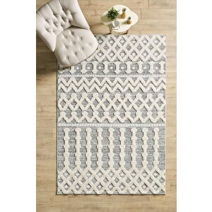 Yumuşak Bukle Tabanlı Modern Kabartmalı 3d Inka Örgü Desenli Krem Gri Renkli Halı 240x340 cm