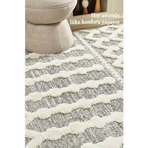 Yumuşak Bukle Tabanlı Modern Kabartmalı 3d Inka Örgü Desenli Krem Gri Renkli Halı 240x340 cm