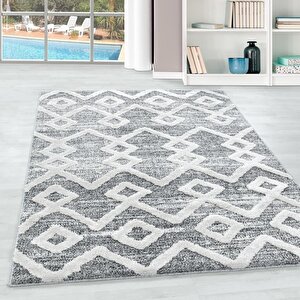 Yumuşak Bukle Tabanlı Modern Kabartmalı 3d Inka Motif Desenli Gri Renkli Halı 60x110 cm