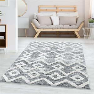 Yumuşak Bukle Tabanlı Modern Kabartmalı 3d Inka Motif Desenli Gri Renkli Halı 80x150 cm