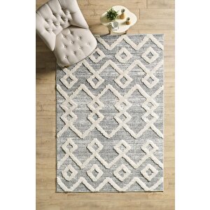 Yumuşak Bukle Tabanlı Modern Kabartmalı 3d Inka Motif Desenli Gri Renkli Halı 80x150 cm