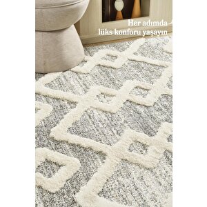 Yumuşak Bukle Tabanlı Modern Kabartmalı 3d Inka Motif Desenli Gri Renkli Halı