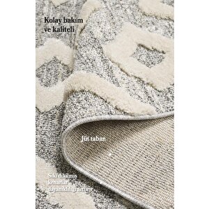 Yumuşak Bukle Tabanlı Modern Kabartmalı 3d Inka Motif Desenli Gri Renkli Halı