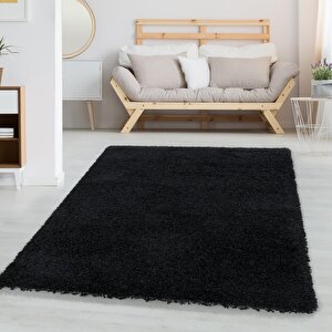 Yumuşak Yüksek Havlı 30 Mm Shaggy Salon Halısı Düz Siyah Renkli 100x200 cm