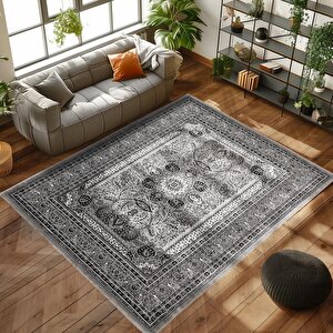 Klasik Desenli Halı Iran Tarzı Madalyon Süsleme Siyah Gri Beyaz Renkler 120x170 cm