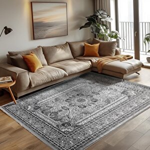 Klasik Desenli Halı Iran Tarzı Madalyon Süsleme Siyah Gri Beyaz Renkler 120x170 cm