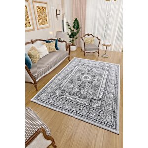 Klasik Desenli Halı Iran Tarzı Madalyon Süsleme Siyah Gri Beyaz Renkler 120x170 cm