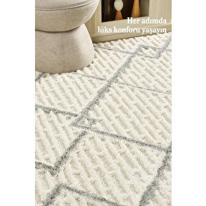 Yumuşak Bukle Tabanlı Modern Kabartmalı 3d Izgara Desenli Krem Gri Renkli Halı
