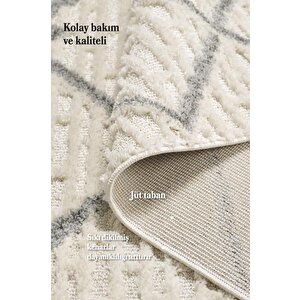 Yumuşak Bukle Tabanlı Modern Kabartmalı 3d Izgara Desenli Krem Gri Renkli Halı