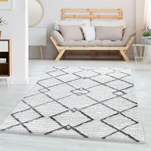 Yumuşak Bukle Tabanlı Modern Kabartmalı 3d Izgara Desenli Krem Gri Renkli Halı 80x150 cm