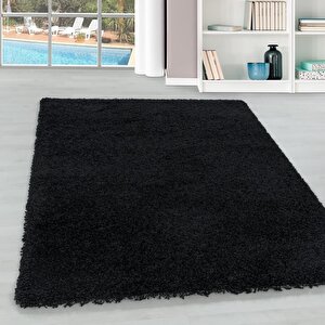 Yumuşak Yüksek Havlı 30 Mm Shaggy Salon Halısı Düz Siyah Renkli