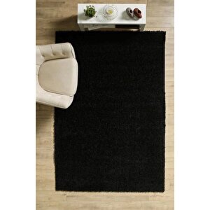 Yumuşak Yüksek Havlı 30 Mm Shaggy Salon Halısı Düz Siyah Renkli