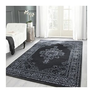 Klasik Desenli Halı Iran Tarzı Madalyon Süsleme Siyah Gri Beyaz Renkler 80x150 cm