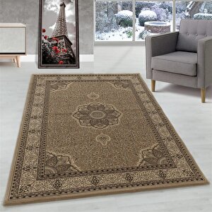 Marokan İran Tarzı Klasik Desenli Halı Bordürlü Salon Halısı Bej Açık Kahverengi 80x150 cm