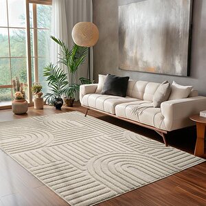 Yumuşak Peluş Tüylü Bohem İskandinav Desenli Kabarık Bukleli  Bej Tonlarında Halı 60x110 cm