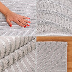 Yumuşak Kabartmalı Zigzag Desenli İskandinav Bohem Tarzı Halı Gümüş Grisi Tonlarında 160x230 cm