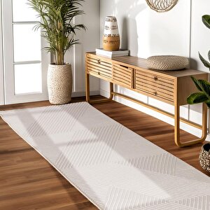 Yumuşak Kabartmalı Zigzag Desenli İskandinav Bohem Tarzı Halı Bej Tonlarında 80x150 cm