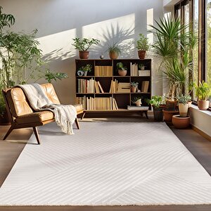 Yumuşak Kabartmalı Zigzag Desenli İskandinav Bohem Tarzı Halı Bej Tonlarında 140x200