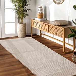 Kabartmalı Yumuşak Geometrik Desenli İskandinav Bohem Tarzı Halı Bej Tonlarında 120x170 cm