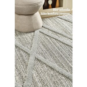 Yumuşak Bukle Tabanlı Modern Kabartmalı 3d Çizgi Desenli Gri Renkli Halı