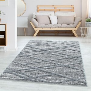 Yumuşak Bukle Tabanlı Modern Kabartmalı 3d Çizgi Desenli Gri Renkli Halı 80x250 cm
