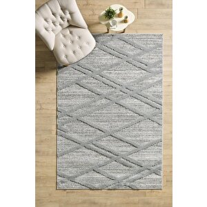 Yumuşak Bukle Tabanlı Modern Kabartmalı 3d Çizgi Desenli Gri Renkli Halı 80x150 cm